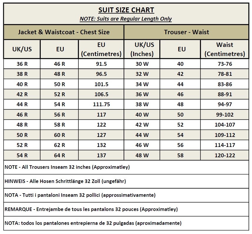 Suit chest 2025 size guide